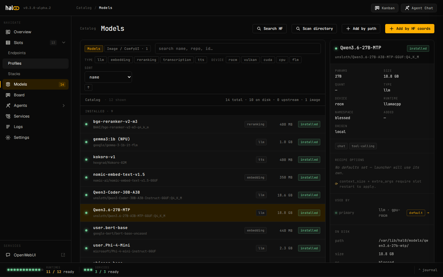 Models registry view showing the curated catalogue cards with size, license, and memory badges