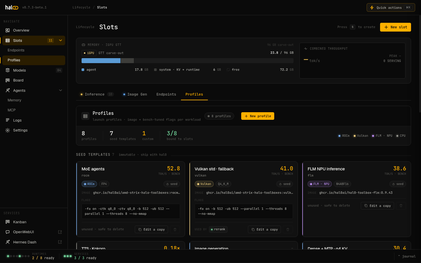 The Profiles tab in the hal0 dashboard showing seed profile cards with bench metrics and intent chips